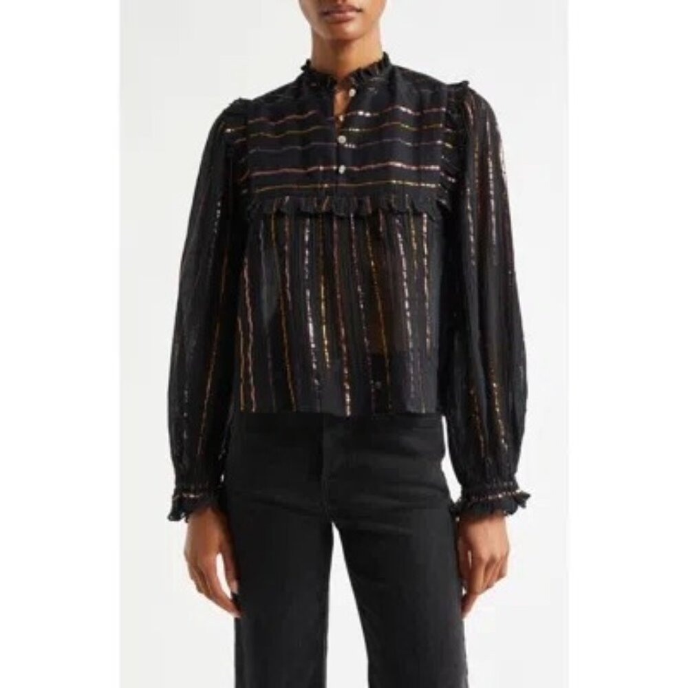 NEW Farm Rio Metallic Stripe Ruffle Shirt blouse size S